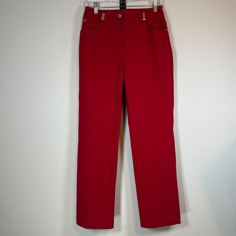 St. John Straight Leg Pants Women 2 Red Gold Hardware Luxury Holiday Statement